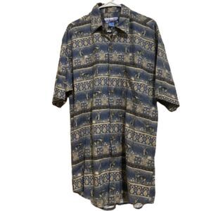 SUMMA MEN’s MULTI AZTEC w/ MOOSE/DEER PRINT BUTTON DOWN Linen Blend SHIRT Sz-M
